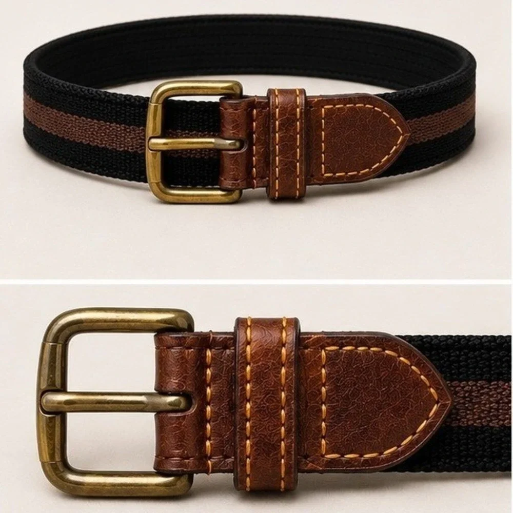 Vintage Brown Black Striped Surcingle Belt Leather Brass Buckle 32-33 Preppy Ivy